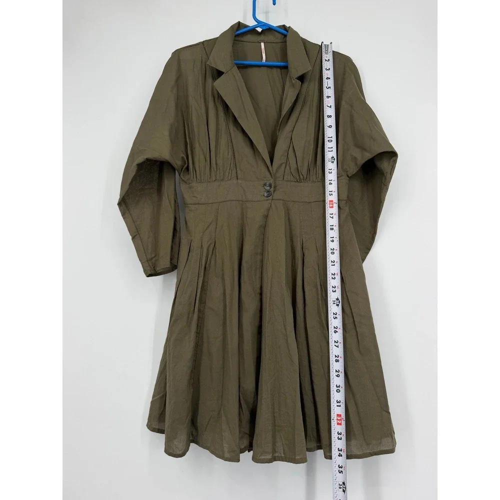 Free People Olive Green Cotton Notch Lapel Dolman Pleated Mini Dress XS OB814985